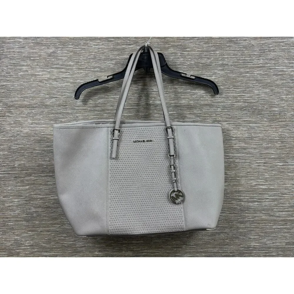 Michael Kors Tote Bag Womens Large Gray Leather Studded Shoulder Purse Wallet